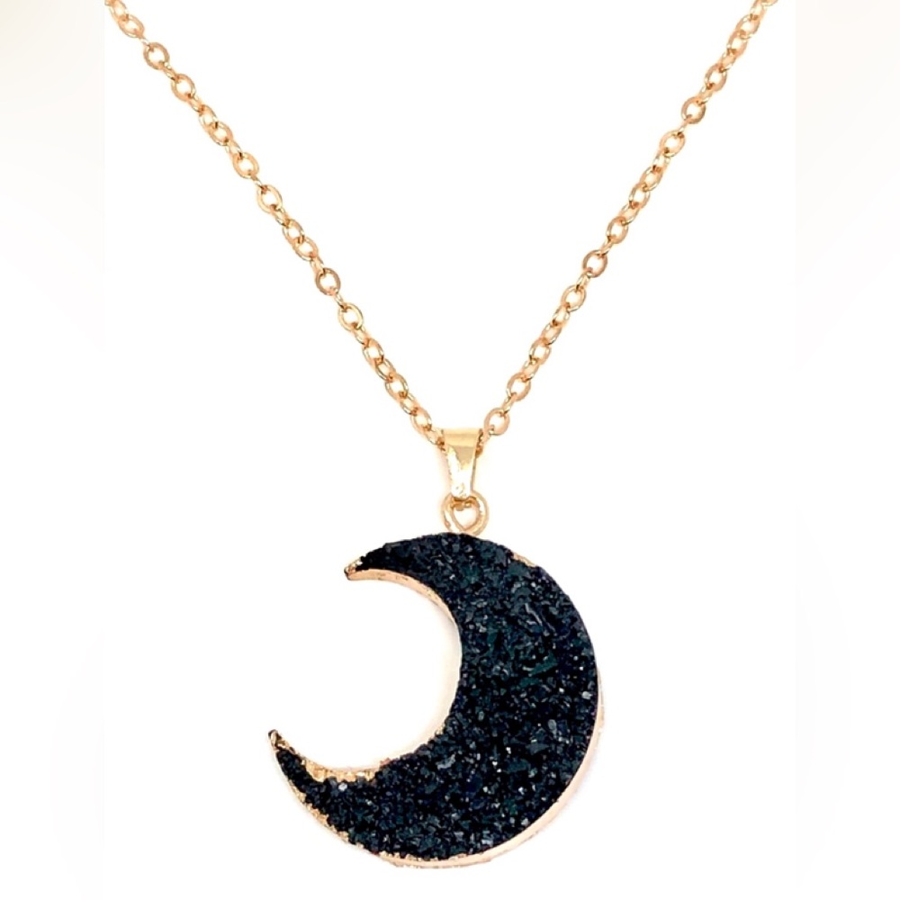 Black Faux Druzy Drusy Crescent Moon Pendant 20” Chain Necklace NWT Foiled Resin - Picture 1 of 2